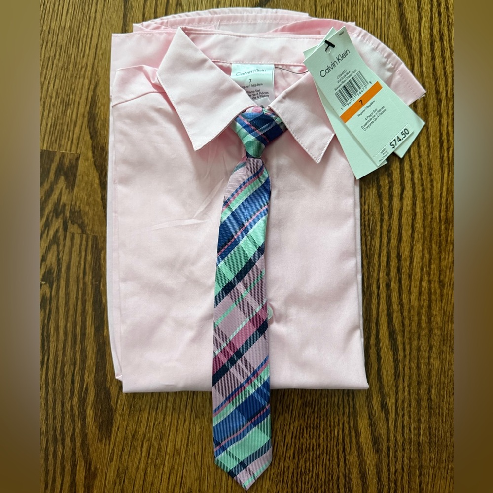 Calvin Klein Pink Shirt and Plaid Tie Set